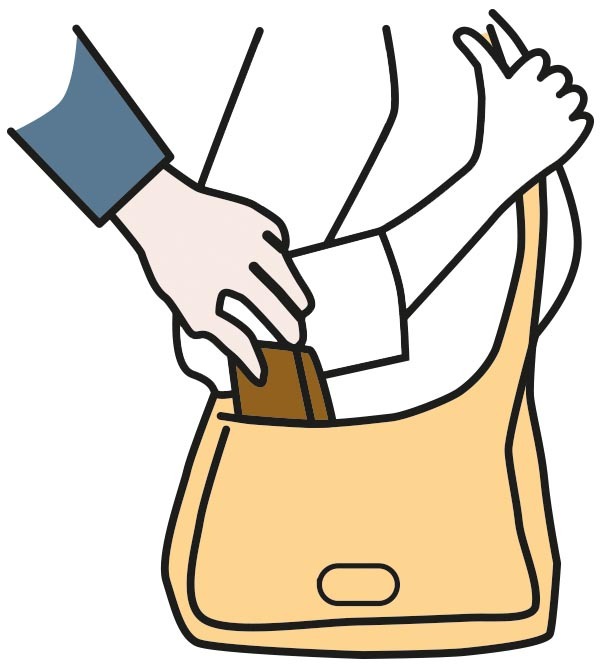 Stöld - En hand tar en plånbok från en handväska